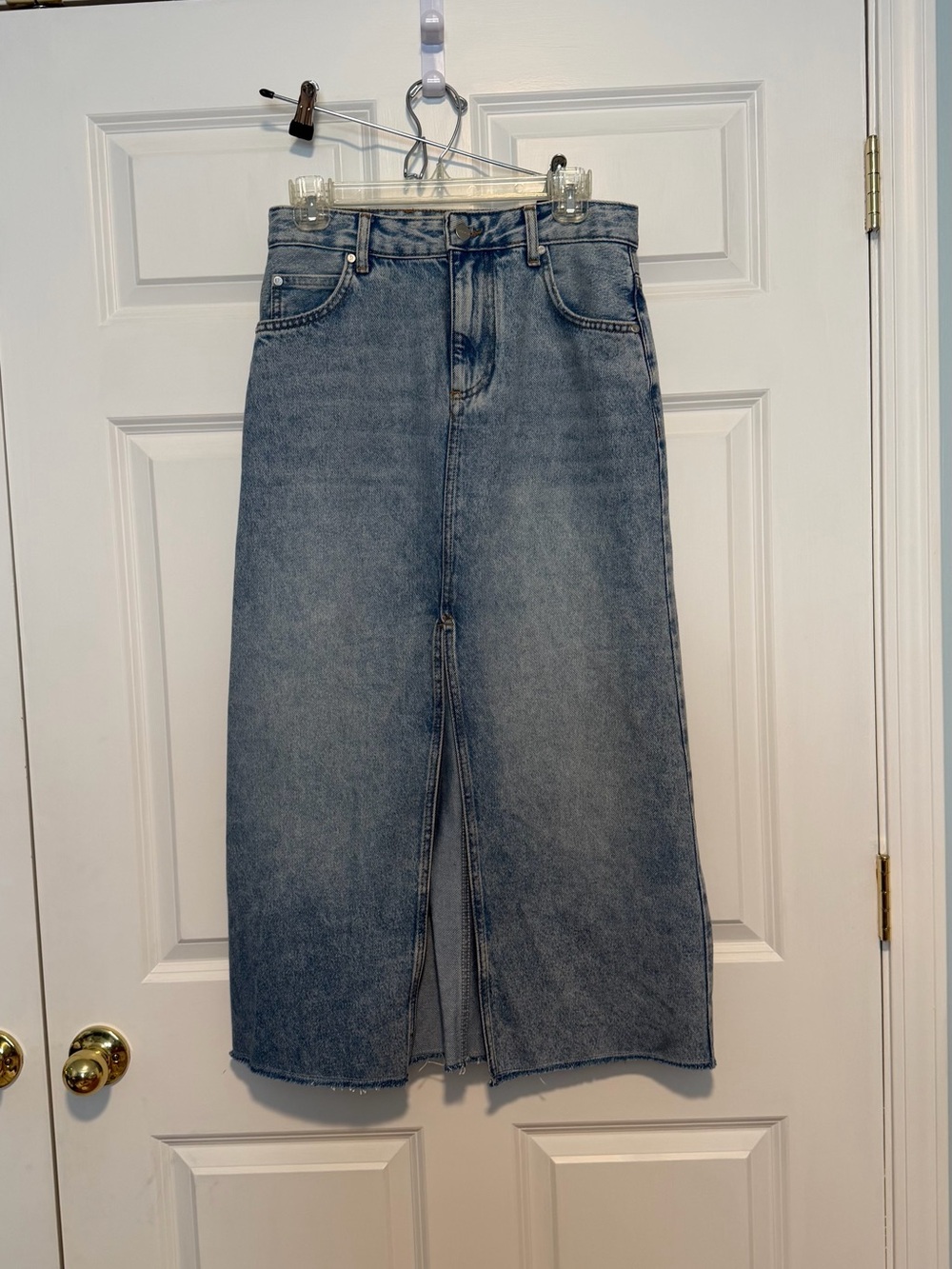 Pilcro Light Blue High-Rise Straight Denim Skirt with Front Slit
